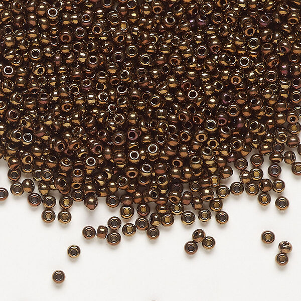 Seed bead, Preciosa Ornela Czech glass, pkg/50g, #11 rocaille, opaque golden bronze copper iris black, (59145). image number 0