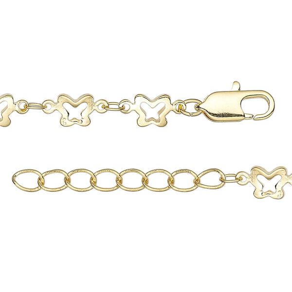 Chain, gold-finished brass, 3x2mm oval and 6x5mm open butterfly, 16 inches with 1-1/4 inch extender chain and lobster claw clasp. Sold individually. image number 0