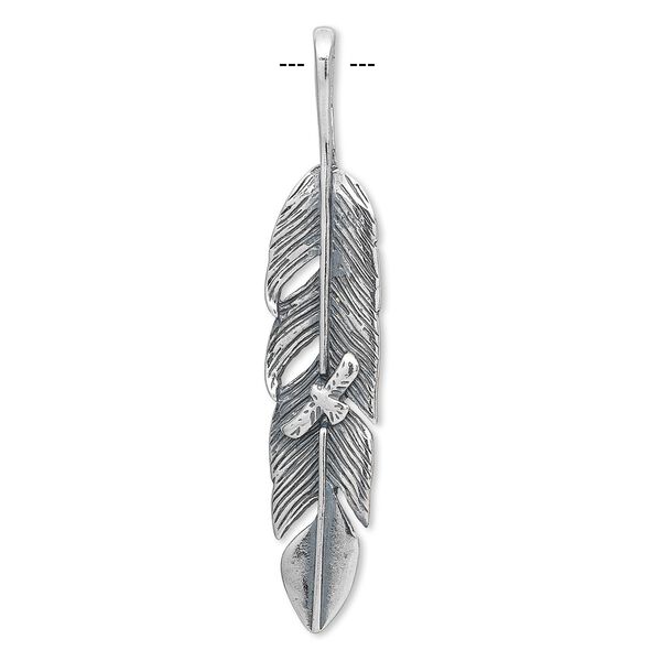 Pendant, antiqued sterling silver, 56x11mm double-sided feather with bird. Sold individually. image number 0