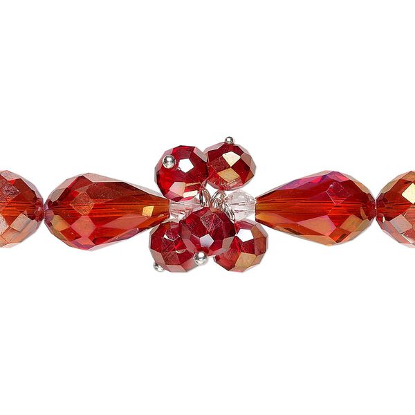 Bead, glass and silver-finished brass, translucent red AB and clear, 4mm faceted bicone / 8x6mm faceted rondelle / 15x10mm faceted teardrop. Sold per 8-inch strand. image number 0
