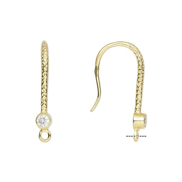 Ear wire fishhook 1pkg2 sterling silver / cubic zirconia, 24mm textured / 4mm faceted round / closed loop, 16 gauge gold-finished / clear 1 pair image number 0