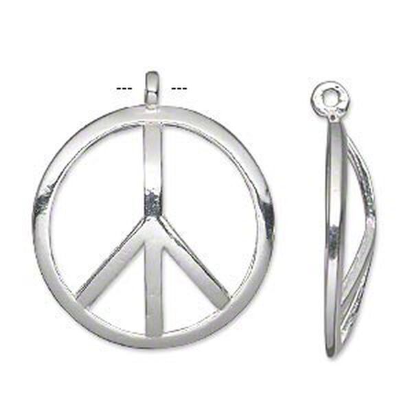 Charm, silver-plated pewter (tin-based alloy), 26.5mm single-sided domed round with peace sign cutout. Sold individually. image number 0