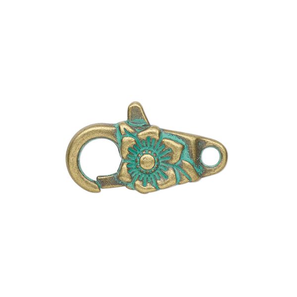 Clasp, lobster claw, antique brass-plated "pewter" (zinc-based alloy), green patina, 24x10.5mm double-sided with flower design. Sold per pkg of 6. image number 0