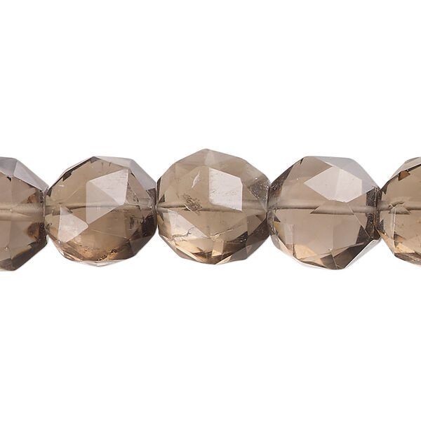 Smoky quartz 1pkg1, hand-cut faceted puffed flat round bead 14 inch 12-15mm image number 0