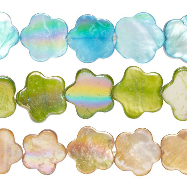 Bead mix, mother-of-pearl shell (bleached / dyed), multicolored AB, 14x13mm-16x15mm flat flower and flat stars with 0.4-0.6mm hole, Mohs hardness 3-1/2. Sold per pkg of (3) 15-inch strands. image number 0