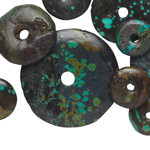 Focal mix, turquoise (dyed / stabilized), blue, 19-76mm round donut, D grade, Mohs hardness 5 to 6. Sold per pkg of 10. image number 0