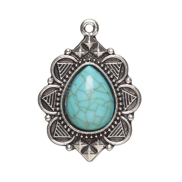 Focal, antique silver-finished "pewter" (zinc-based alloy) and "turquoise" (resin) (imitation), turquoise blue, 31x25mm single-sided teardrop. Sold per pkg of 2. image number 0