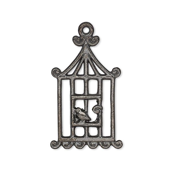Charm, gunmetal-plated "pewter" (zinc-based alloy), 29x18mm single-sided bird in cage. Sold per pkg of 10. image number 0