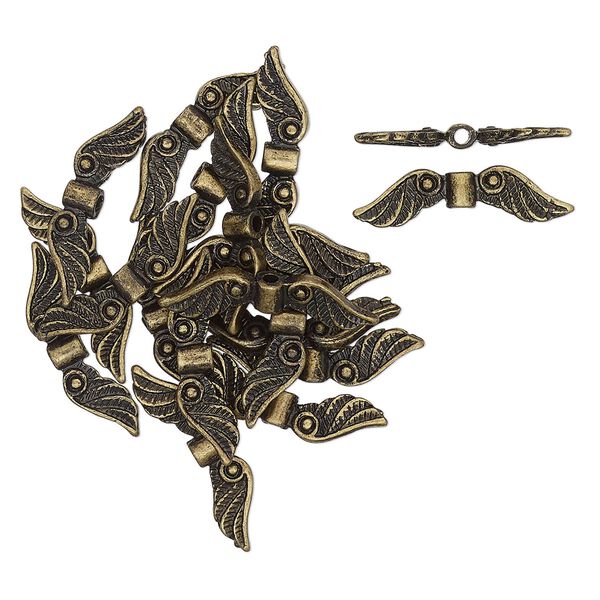 Bead, antique brass-finished "pewter" (zinc-based alloy), 23x4mm angel wing. Sold per pkg of 20. image number 0