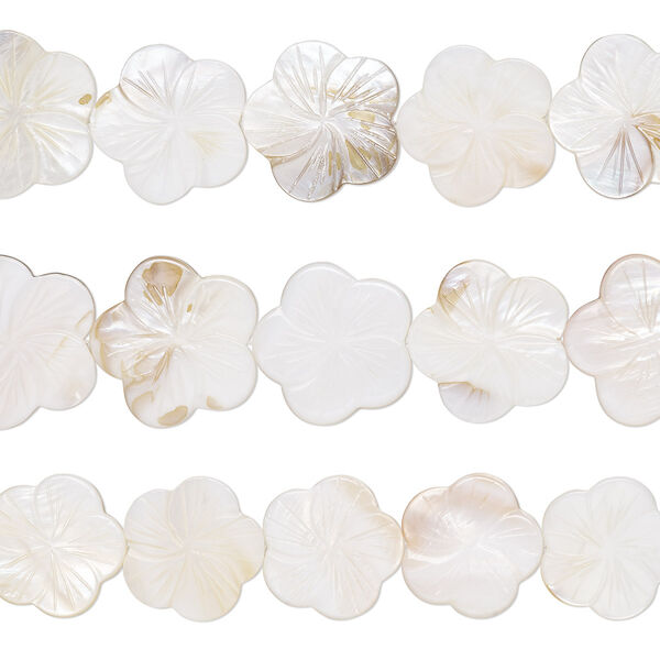 Bead, mother-of-pearl shell (natural / bleached), 27x26mm-31x30mm carved flower with 0.6-0.8mm hole, Mohs hardness 3-1/2. Sold per pkg of (3) 15-inch strands. image number 0