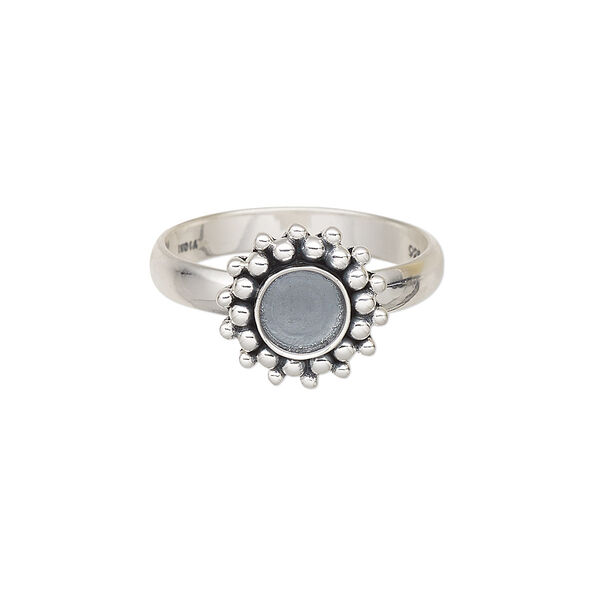 Ring, antiqued sterling silver, 3.5mm wide with beaded rim and 6mm round glue-in setting, size 9. Sold individually. image number 0