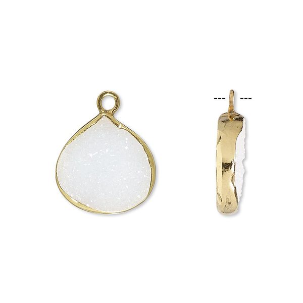 Drop, white druzy agate (natural) and gold-finished sterling silver, 15x15mm single-sided teardrop. Sold per pkg of 2. image number 0