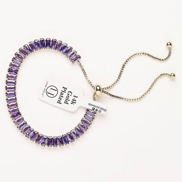 Bracelet, adjustable, brass / glass / silicone, pkg/1, 6 to 10 inches, gold plate and amethyst. image number 0