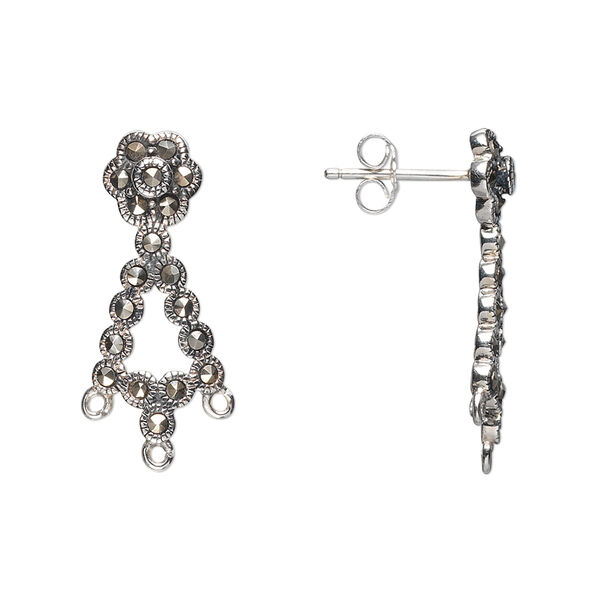 Marcasite / sterling silver 1pkg2, flower earstud / open loop natural 23x10mm image number 0