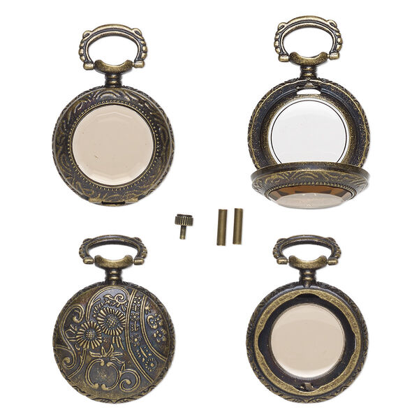 Watch body, acrylic and antique brass-finished "pewter" (zinc-based alloy), transparent brown, 41x27mm with 27mm round and floral design. Sold per 5-piece set. image number 0