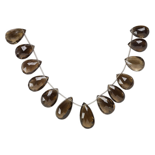 Smoky quartz 1pkg12, hand-cut top-drilled faceted puffed teardrop bead graduated 19x13mm-29x18mm image number 0