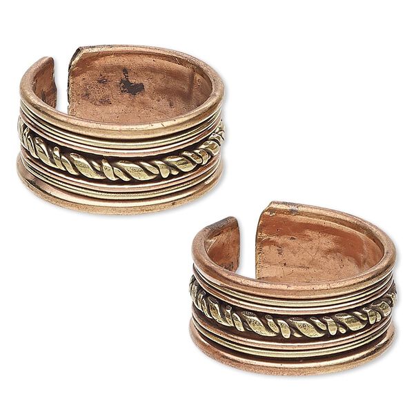 Ring, brass and copper, 10mm wide with twisted design, adjustable. Sold per pkg of 2. image number 0