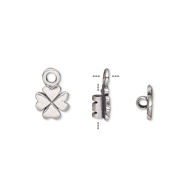 Crimp end, antique silver-plated brass, 8mm 4-leaf clover with loop, 2mm inside diameter. Sold per pkg of 2. image number 0