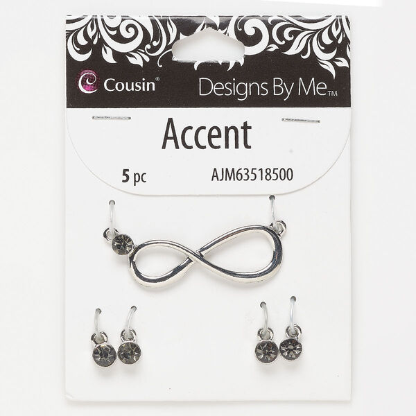Focal and drop, silver-finished "pewter" (zinc-based alloy) and glass, grey, 41.5 x 14mm infinity with 2 loops and (4) 6mm round. Sold per pkg of 5. image number 0