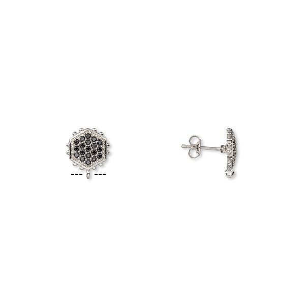 Earstud 1pkg2 sterling silver / black spinel (natural), 12x11mm beaded hexagon / open loop, 1 pair image number 0
