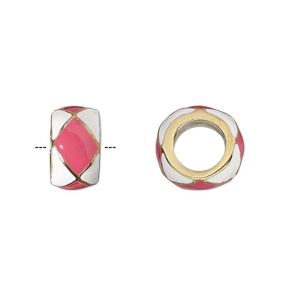 Bead, Dione®, gold-finished "pewter" (zinc-based alloy) and enamel, opaque pink and white, 13x7mm rondelle with diamond design, 7mm hole. Sold individually. image number 0