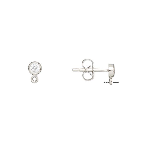 Earstud 1pkg2 rhodium-plated sterling silver / cubic zirconia, 4mm round / closed loop / earnuts, clear 1 pair image number 0