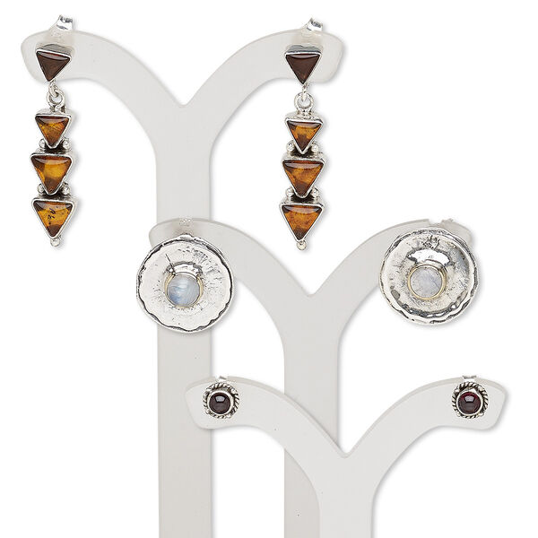Earring mix, multi-gemstone (natural / dyed / heated / reconstituted) and sterling silver, mixed colors, 5-31mm mixed shape with post. Sold per pkg of 3 pairs. image number 0