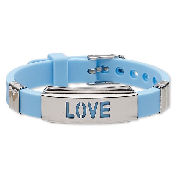 Bracelet, Softique™, silicone and stainless steel, turquoise blue, 16mm wide with 39x16mm curved rectangle and cutout "LOVE," adjustable from 5-1/2 to 7-1/2 inches with buckle-style closure. Sold individually. image number 0