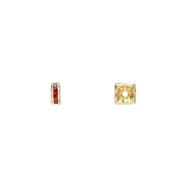 Bead, glass rhinestone and gold-finished brass, garnet red, 4x2mm squaredelle. Sold per pkg of 10. image number 0