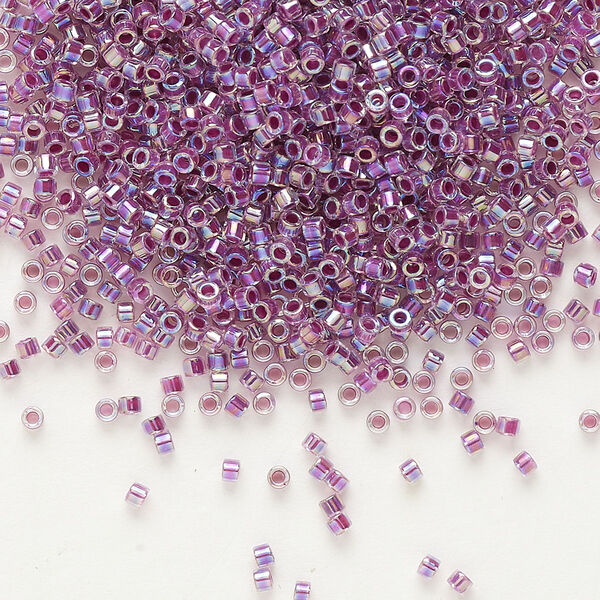 Seed bead, Delica®, glass, pkg/50g, #11 round, translucent raspberry-lined rainbow crystal clear (DB-0056). image number 0