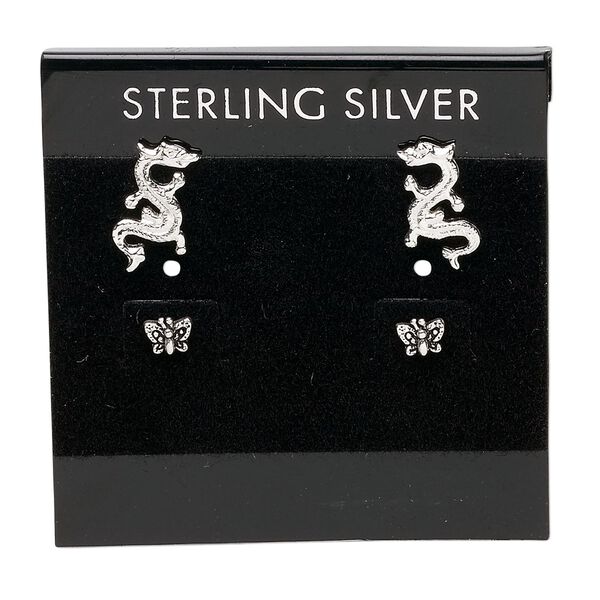 Earring card, flocked plastic, black and silver, 2x2-inch square with "STERLING SILVER." Sold per pkg of 25. image number 0