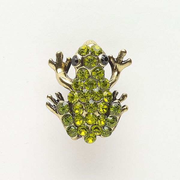 Bead, slide, brass and glass, pkg/1, 25x20mm frog, antique brass finish and multicolored. image number 0