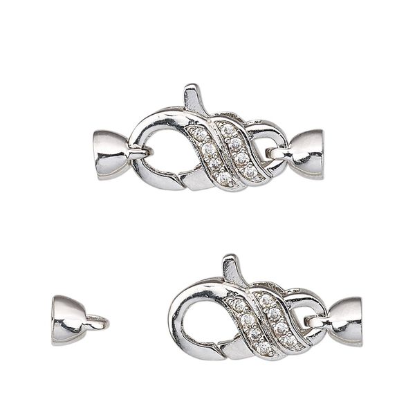 Clasp, lobster claw, cubic zirconia and rhodium-plated brass, clear, 25x11mm with glue-in ends, 3.5mm inside diameter. Sold individually. image number 0