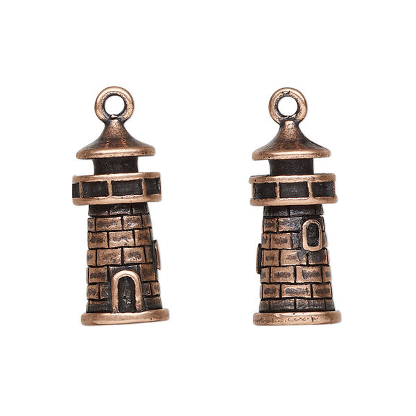 Charm, antique copper-plated pewter (tin-based alloy), 21.5x9mm 3D lighthouse. Sold per pkg of 2. image number 0