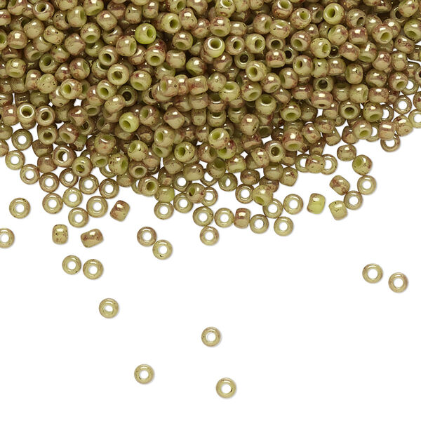 Seed bead, TOHO BEADS®, glass, pkg/50g, #11 round, opaque marbled avocado and pink (TR-11-1209). image number 0