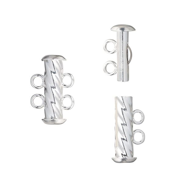 Clasp, 2-strand slide lock, silver-plated brass, 16x6mm corrugated round tube. Sold per pkg of 4. image number 0