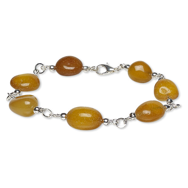 Bracelet, agate (dyed) with silver-plated brass and steel, amber yellow, small to medium hand-cut nugget, 7-1/2 inches with lobster claw clasp. Sold individually. image number 0