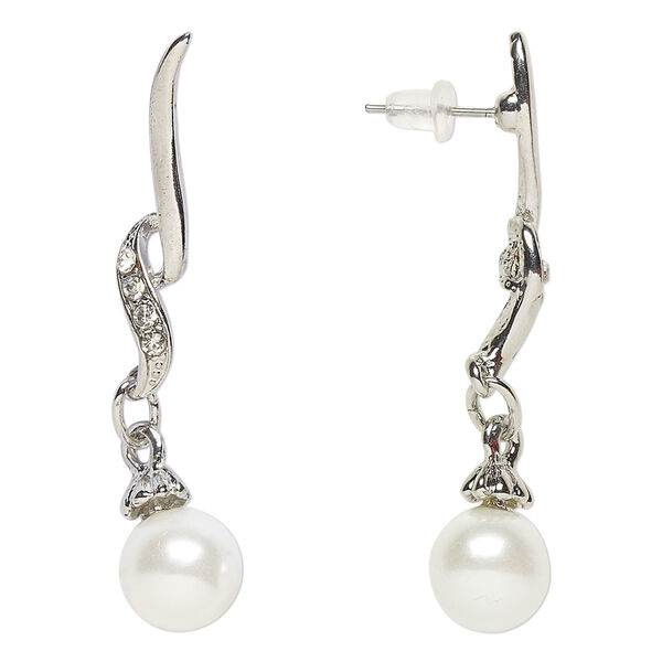 Earring, Everyday Jewelry, antique silver-finished "pewter" (zinc-based alloy) / glass / acrylic pearl, clear and white, 46mm with post. Sold per pair. image number 0