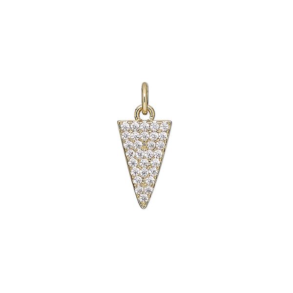 Drop, cubic zirconia and gold-finished brass, clear, 13.5x13.5x8mm single-sided triangle. Sold individually. image number 0