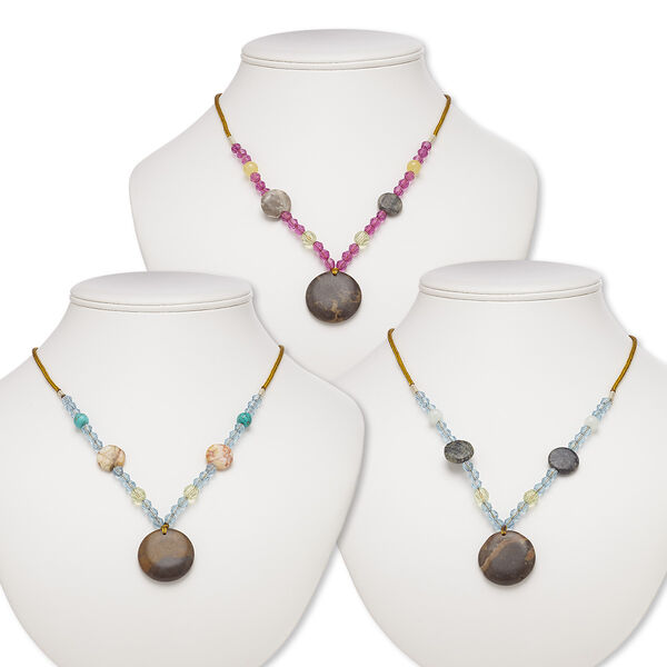 Multi-gemstone / acrylic / glass 1pkg3, round pendant necklace mix continuous loop 20 inch 29-30mm image number 0