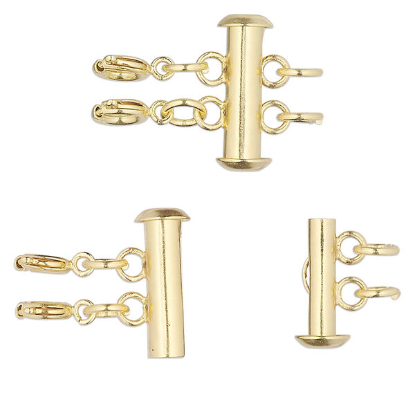 Clasp, 2-strand slide lock, gold-finished brass, 17x6mm round tube with 2 springring clasps and (2) 5mm open jump rings. Sold per pkg of 10. image number 0