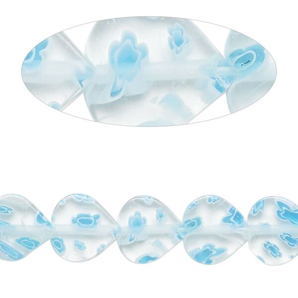 Bead, millefiori glass, translucent clear / white / blue, 10x8mm-11x9mm flat heart. Sold per 14-inch strand. image number 0