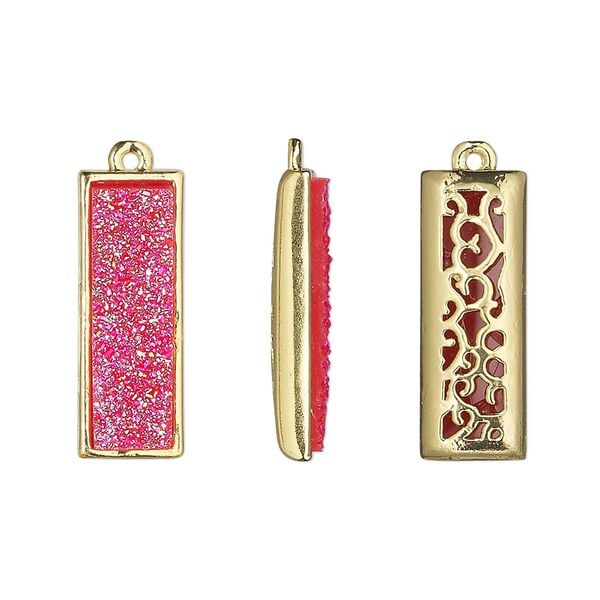 Drop, Druzylite™, "druzy" (resin) and gold-finished brass, hot pink, 21x8mm two-sided rectangle with open filigree back. Sold per pkg of 4. image number 0