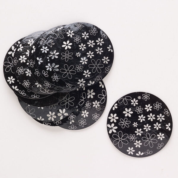 Focal, Capiz shell (dyed), black and white, 49-51mm round with flower, Mohs hardness 3-1/2. Sold per pkg of 10. image number 0