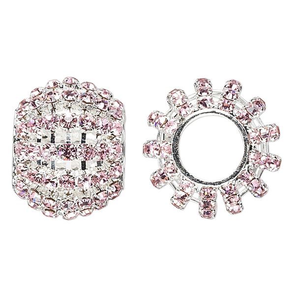 Bead, glass rhinestone and silver-finished brass, pink, 25x20mm barrel with 3mm chatons, 11.5mm hole. Sold individually. image number 0