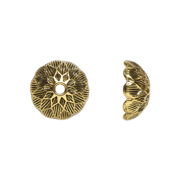 Bead cap, antiqued gold-finished "pewter" (zinc-based alloy), 14x7mm round, fits 14-15mm beads. Sold per pkg of 10. image number 0