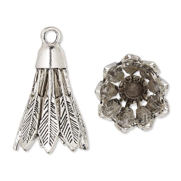 Cone, antique silver-plated "pewter" (zinc-based alloy), 25x18mm feather, 13mm inside diameter. Sold per pkg of 4. image number 0