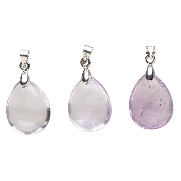 Amethyst / pewter (tin-based alloy) 1pkg3, imitation rhodium-finished teardrop pendant natural 20x14mm-22x15mm image number 0