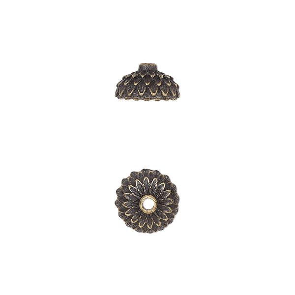 Bead cap, TierraCast®, antique brass-plated pewter (tin-based alloy), 9.5mm round with acorn cap design, fits 8mm bead. Sold per pkg of 2. image number 0