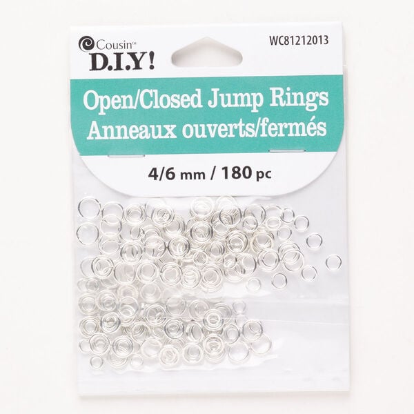 Jump ring mix, steel, pkg/180, silver finish, 4mm and 6mm closed and open round, 17- and 21-gauge, 2.5-4.7mm inside diameter. image number 0